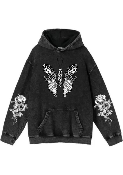 Yıkamalı Kumaş Gothic Butterfly Kapüşonlu Hoodie Sweatshirt