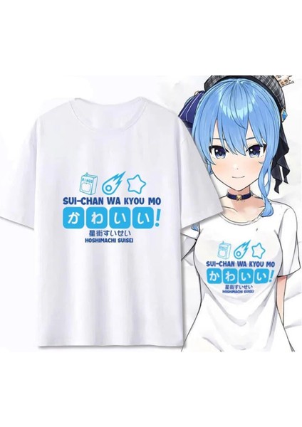 Hoshimachi Suisei Baskılı Beyaz Oversize T-Shirt