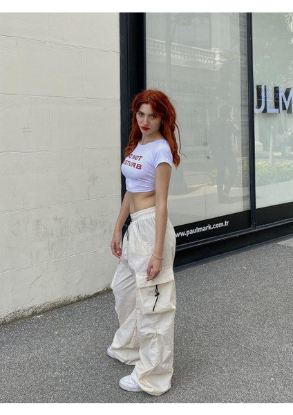 Krem Tactical Paraşüt Kumaş Kargo Cepli Oversize Unisex Pantolon modelleri