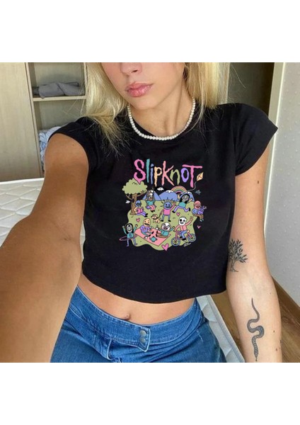 Rock Serisi Slipknot Baskılı Siyah Crop