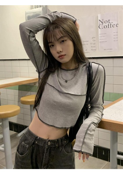 Y2K Streetwear Ters Dikiş Detaylı Uzun Kollu Gri Crop