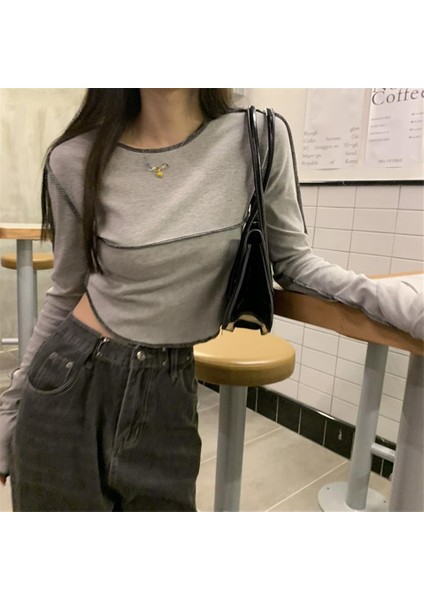 Y2K Streetwear Ters Dikiş Detaylı Uzun Kollu Gri Crop indirimleri