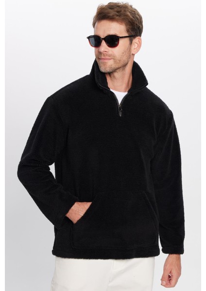 Unisex Relax Fit Rahat Kesim Yarım Fermuarlı Kanguru Cepli Siyah Dik Yaka Peluş Sweatshirt
