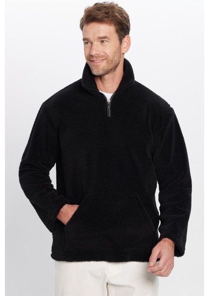 Unisex Relax Fit Rahat Kesim Yarım Fermuarlı Kanguru Cepli Siyah Dik Yaka Peluş Sweatshirt fiyatları