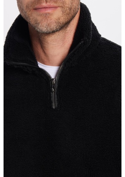 Unisex Relax Fit Rahat Kesim Yarım Fermuarlı Kanguru Cepli Siyah Dik Yaka Peluş Sweatshirt modelleri