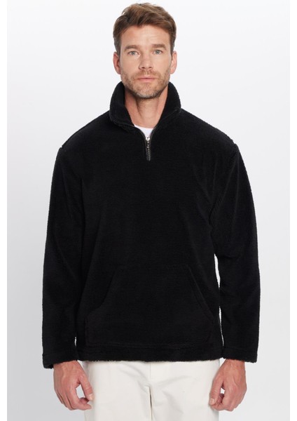 Unisex Relax Fit Rahat Kesim Yarım Fermuarlı Kanguru Cepli Siyah Dik Yaka Peluş Sweatshirt fırsatları