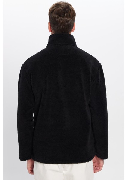 Unisex Relax Fit Rahat Kesim Yarım Fermuarlı Kanguru Cepli Siyah Dik Yaka Peluş Sweatshirt indirimleri