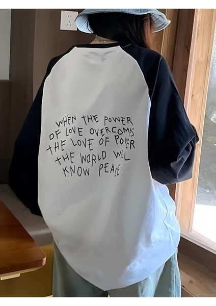 Vintage Reglan Uzun Kollu Slogan Baskılı Beyaz T-Shirt