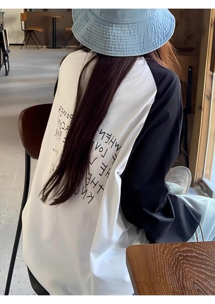 Vintage Reglan Uzun Kollu Slogan Baskılı Beyaz T-Shirt