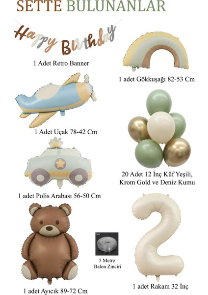 Retro 2 Yaş Doğum Günü Seti; Uçak, Araba, Gökkuşağı, Ayıcık ve 20 Adet Lateks Balon Set fiyatları