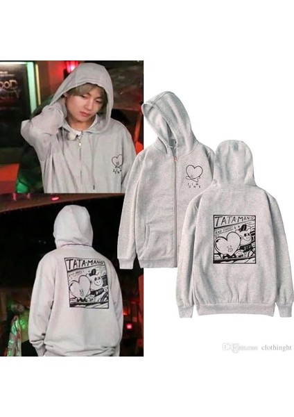 Bts Tata-Mang Baskılı Oversize Fermuarlı Gri Unisex Kapüşonlu Hırka