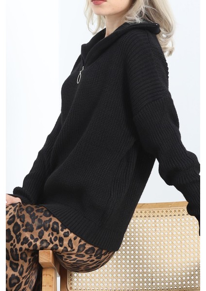 Fermuar Yaka Triko Bluz Siyah - 4047.1577. indirimleri