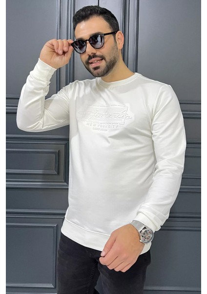 Erkek Bisiklet Yaka Yazı Kabartmalı Sweatshirt