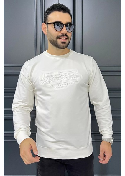 Erkek Bisiklet Yaka Yazı Kabartmalı Sweatshirt