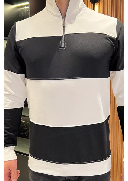 Erkek Dik Yaka Renk Garnili Yarım Fermuarlı Sweatshirt