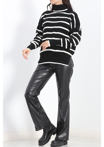 Boğazlı Çizgili Triko Bluz Siyahkemik - 12060.1577. fırsatları