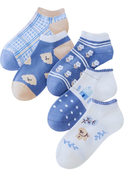 5'li Desenli Mavi Kadın Kısa Çorap, Uzun, Kadın Soket Çorap, Desenli Kadın Çorap, Renkli Desenli Kadın Çorap, Kız Çorabı (36-41)