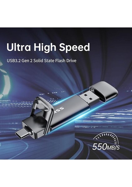 USB Typ-C -Harici Bellek 128 Gb, 550 Mb/s'ye Kadar Aşırı Hızlı USB Bellek