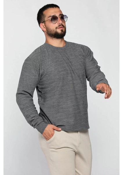 Erkek Bisiklet Yaka Çizgi Desenli Triko Kazak