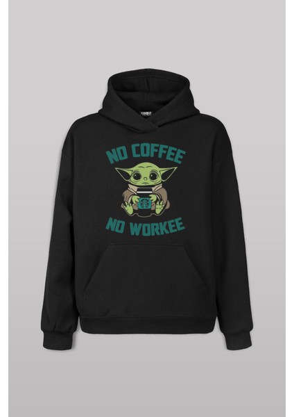 Baskılı Sweatshirt Baby Yoda No Coffee No Workee Starbucks Kahve Ön Unisex Kapüşonlu Hoodie