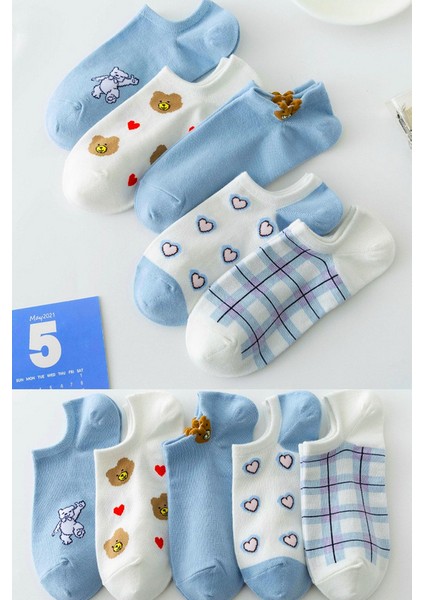 5 Çift Kadın Mavi Kalp Desenli Kısa Çorap, Kadın Soket Çorap, Desenli Kadın Çorap, Renkli Desenli Kadın Çorap, Kız Çorabı (36-41)
