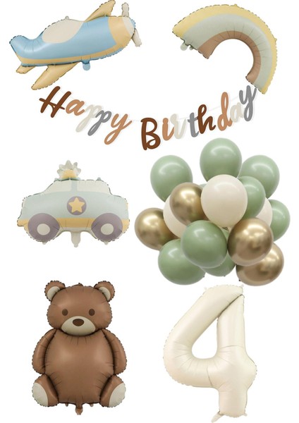 Retro 4 Yaş Doğum Günü Seti; Uçak, Araba, Gökkuşağı, Ayıcık ve 20 Adet Lateks Balon Set