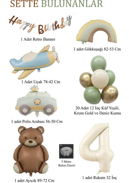 Retro 4 Yaş Doğum Günü Seti; Uçak, Araba, Gökkuşağı, Ayıcık ve 20 Adet Lateks Balon Set fiyatları
