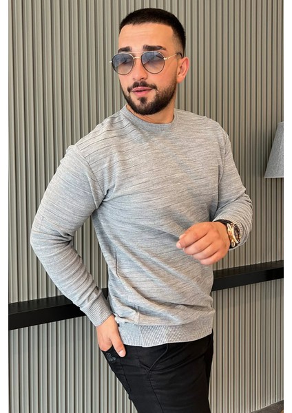 Erkek Bisiklet Yaka Çizgi Desenli Triko Kazak modelleri