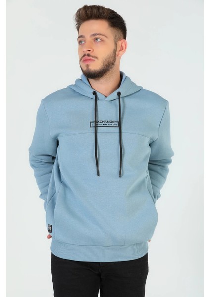 Erkek Kabartma Baskılı Kapüşonlu Üç Iplik Şardonlu Sweatshirt