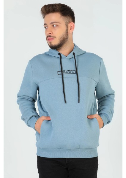 Erkek Kabartma Baskılı Kapüşonlu Üç Iplik Şardonlu Sweatshirt