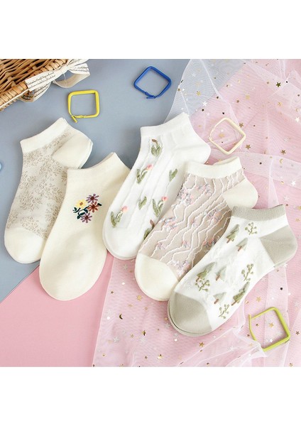 5 Çift Kadın Çiçek Desenli Kısa Çorap, Kadın Soket Çorap, Desenli Kadın Çorap, Renkli Desenli Kadın Çorap, Kız Çorabı (36-41)