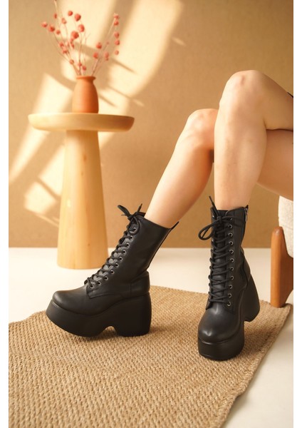 Kadın Road Dolgu Topuklu Bağcıklı Bot - Siyah-Deri