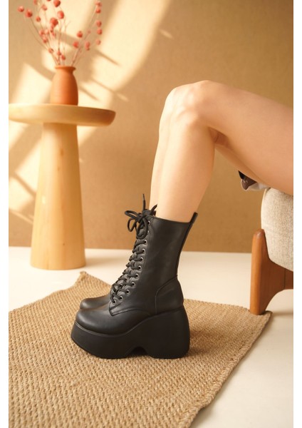 Kadın Road Dolgu Topuklu Bağcıklı Bot - Siyah-Deri fiyatları