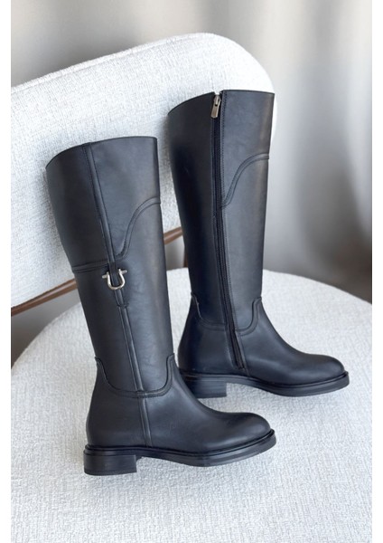 Kadın Date Düz Tabanlı Tokalı Çizme - Siyah-Deri fiyatları