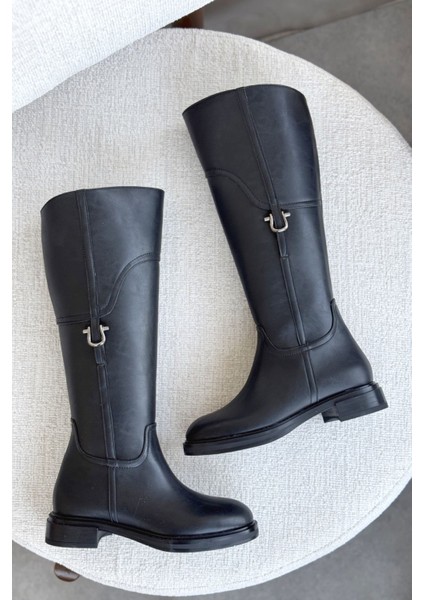 Kadın Date Düz Tabanlı Tokalı Çizme - Siyah-Deri modelleri