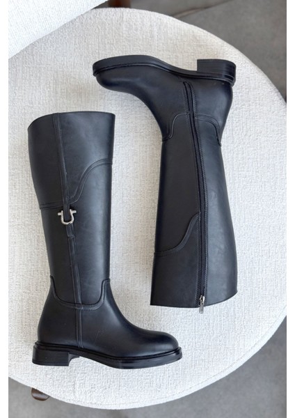 Kadın Date Düz Tabanlı Tokalı Çizme - Siyah-Deri fırsatları