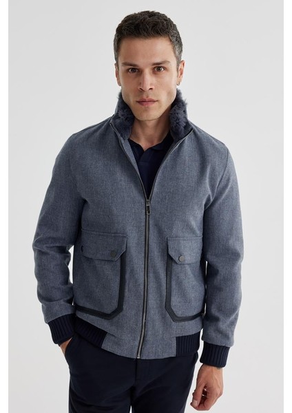 Lacivert Comfort Fit Kürklü Yaka Yünlü Mont