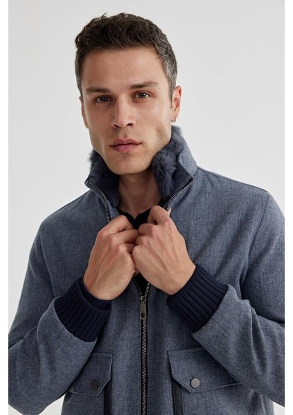 Lacivert Comfort Fit Kürklü Yaka Yünlü Mont modelleri