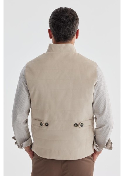 Bej Hakim Yaka Çift Taraflı Slim Fit Yelek