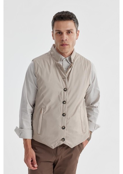 Bej Hakim Yaka Çift Taraflı Slim Fit Yelek