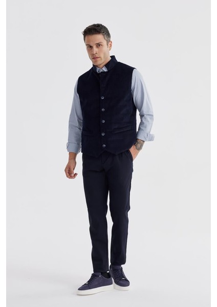 Lacivert Hakim Yaka Çift Taraflı Slim Fit Yelek