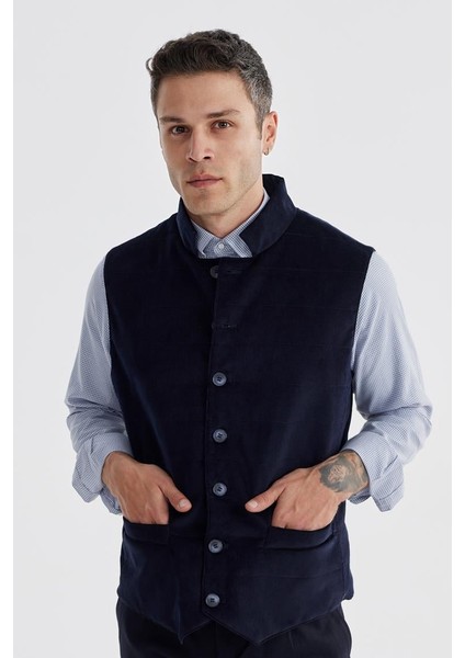 Lacivert Hakim Yaka Çift Taraflı Slim Fit Yelek fiyatları