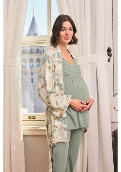 Kadın Çiçek ve Yaprak Desenli Dantelli Hamile Lohusa 3'lü Pijama Takımı 24164