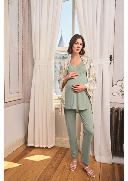 Kadın Çiçek ve Yaprak Desenli Dantelli Hamile Lohusa 3'lü Pijama Takımı 24164 fiyatları