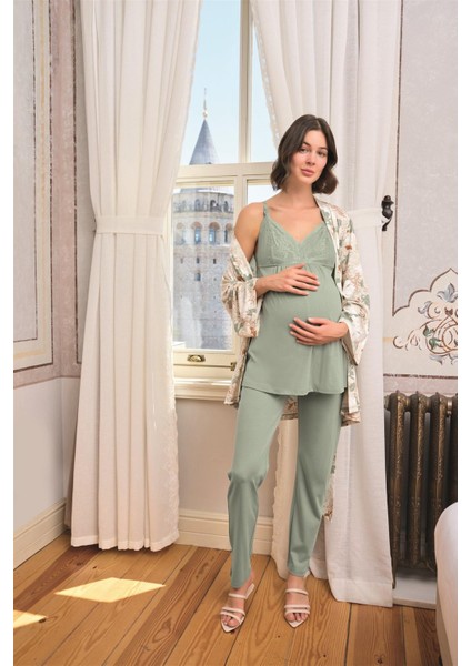 Kadın Çiçek ve Yaprak Desenli Dantelli Hamile Lohusa 3'lü Pijama Takımı 24164 fırsatları