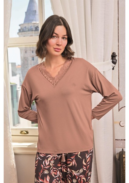 Kadın Yaprak Desenli Dantelli V Yaka Büyük Beden Pijama Takımı 24166BAT