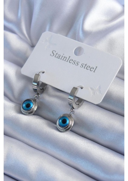 Çelik Gümüş Renkli Nazar Boncuklu Model Kadın Küpe