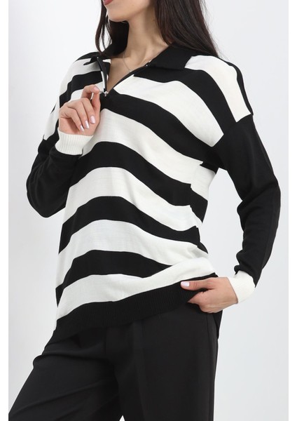Fermuar Detaylı Çizgili Triko Siyahkemik - 11171.1577. modelleri