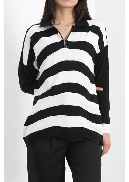 Fermuar Detaylı Çizgili Triko Siyahkemik - 11171.1577. indirimleri