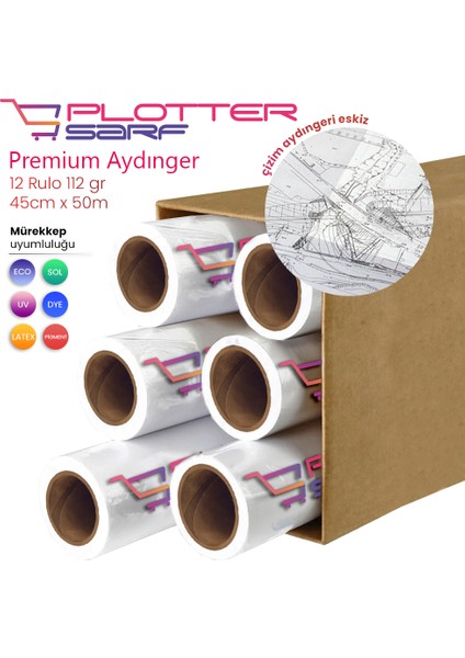 ® Plotter Aydınger (Çizim) Kağıdı 112GR Rulo 45CM x 50MT (12 Rulo)